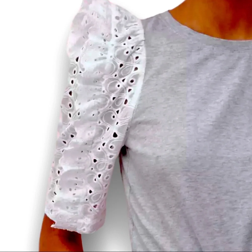Rebecca Taylor x Anthropologie Papillon Eyelet Lace Med Puff Sleeve Gray Jersey